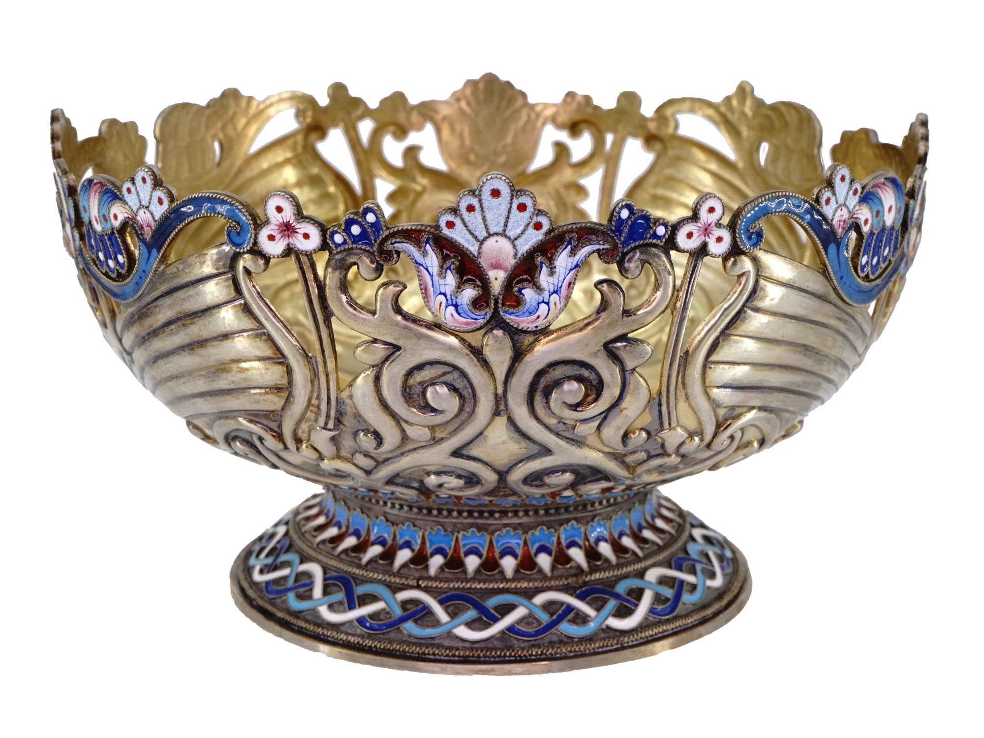 RUSSIAN SILVER PIERCED ENAMEL FRUIT BOWL PIC-0